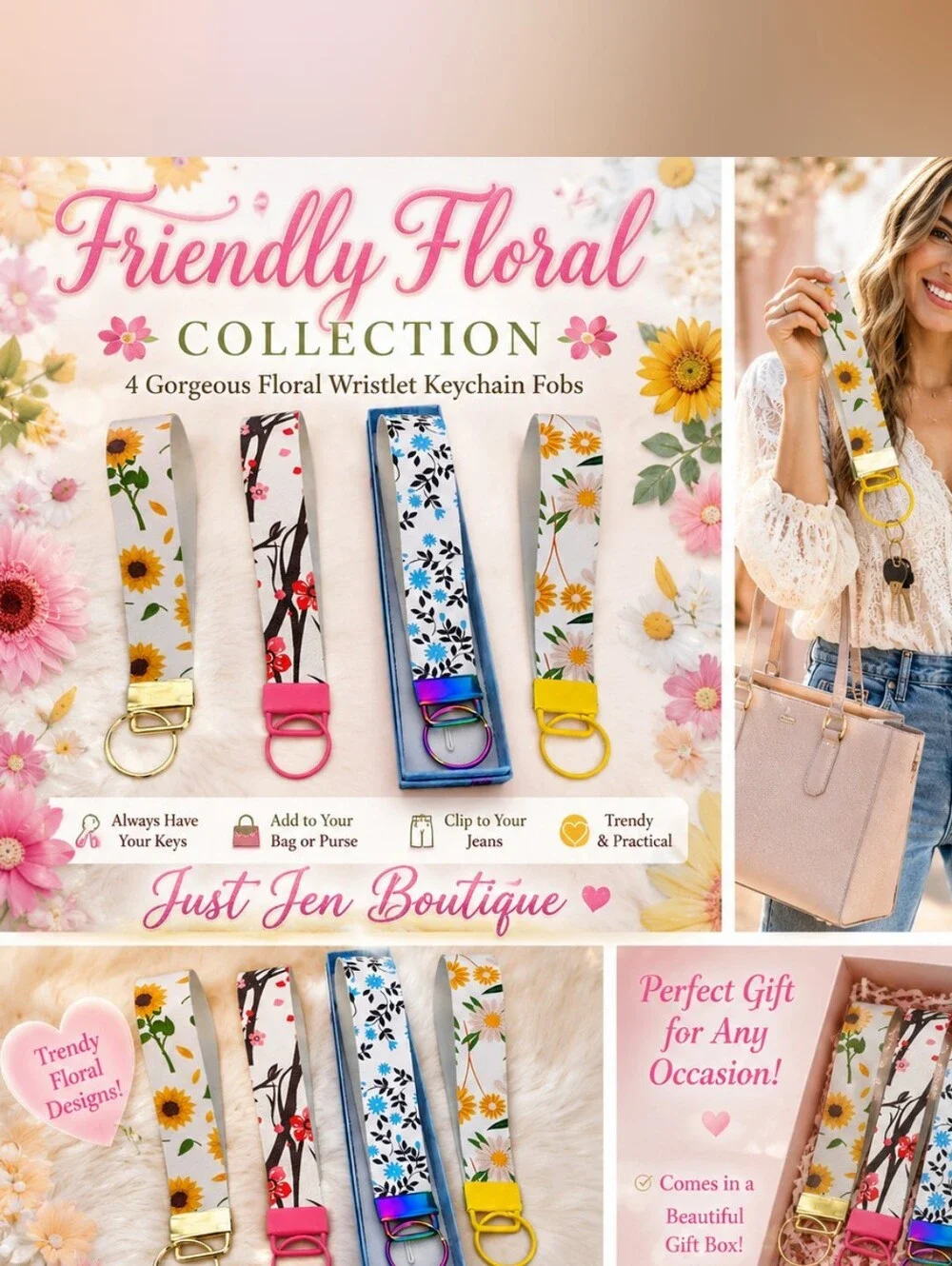 Friendly Floral Wristlet Keychain Fob Set | Gift Box Included- Vegan Leather